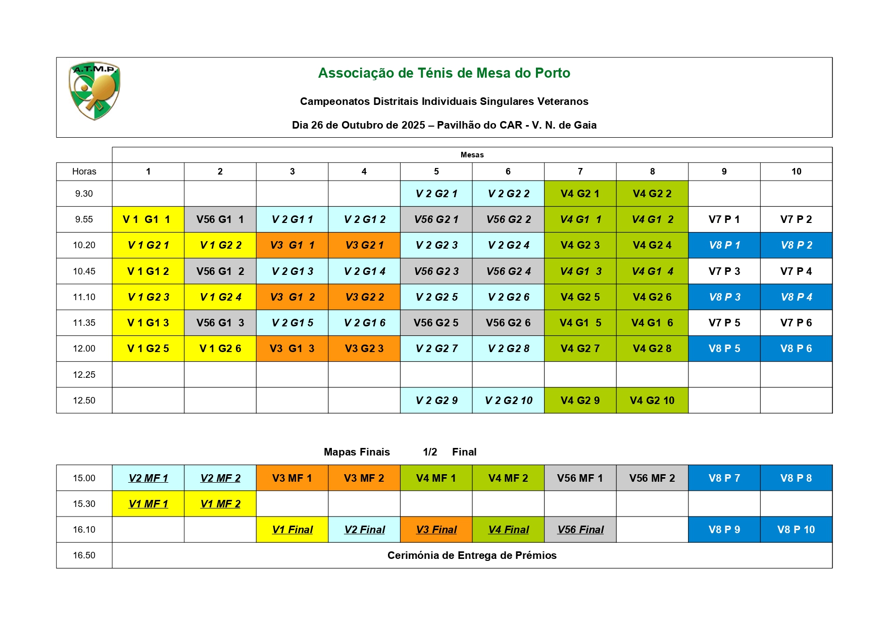 Horário CD Veteranos masc fem